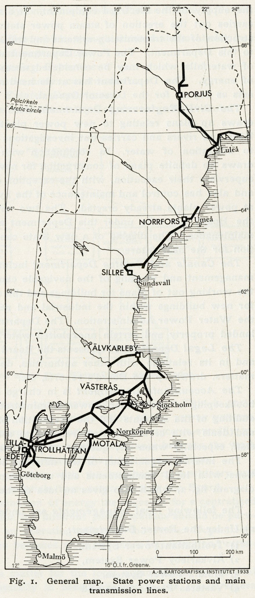 En karta över Vattenfalls kraftverk och huvudledningar 1933. 