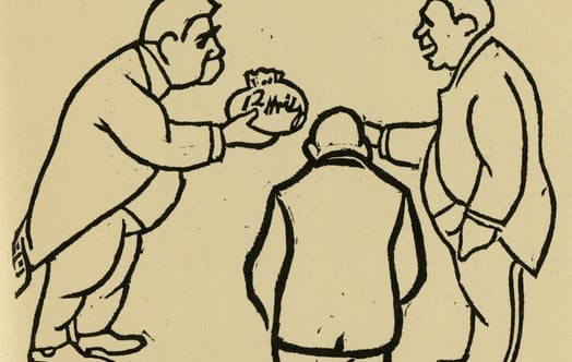  A drawing of Prime minister Hjalmar Branting gives a bag of money to the Trollhättan elektrotermiska bolag