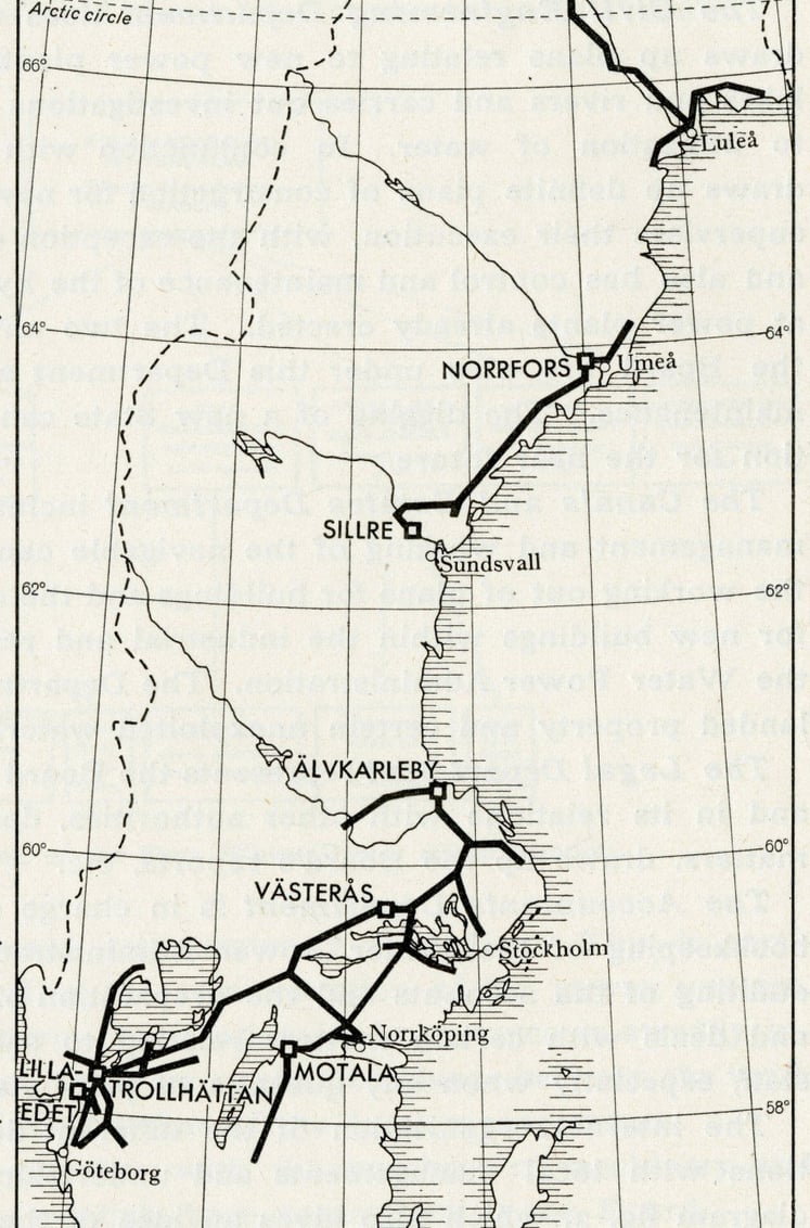 En karta över Vattenfalls kraftverk och huvudledningar 1933. 