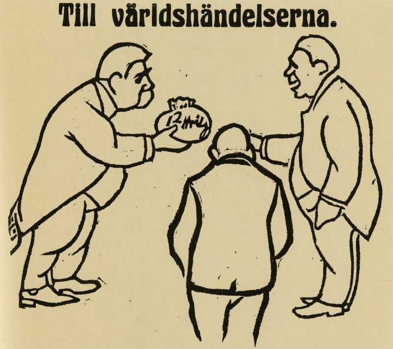  A drawing of Prime minister Hjalmar Branting gives a bag of money to the Trollhättan elektrotermiska bolag