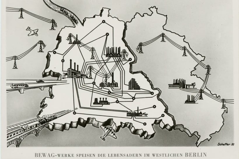 Schematisk skiss över kraftförsörjningen i det delade Berlin under 1950-talet. 