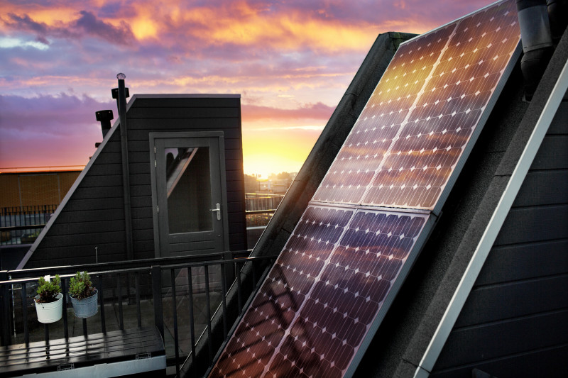 Sunset view from a solar panel roof